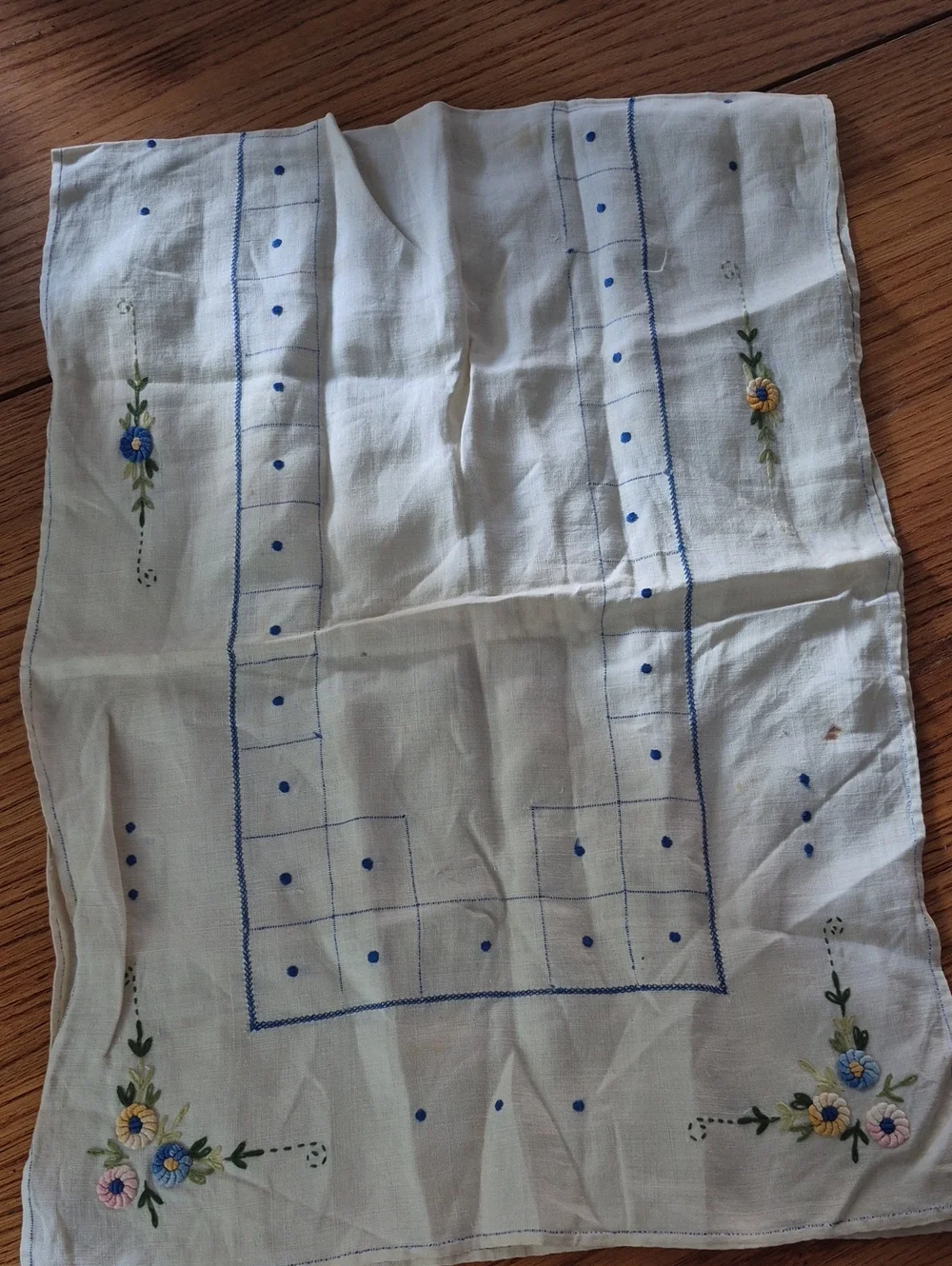 Embroidered White Cotton Table Runner Linen with Blue Floral Accents